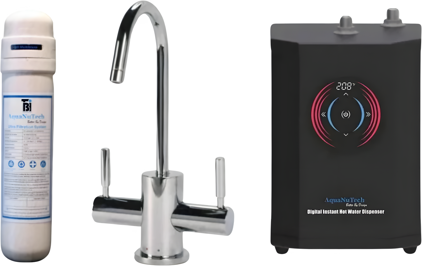 AquaNuTech Digital Instant Hot Water Dispenser with Contemporary Hot/Cold Faucet & Filtration New - HTF-HC2400-CH