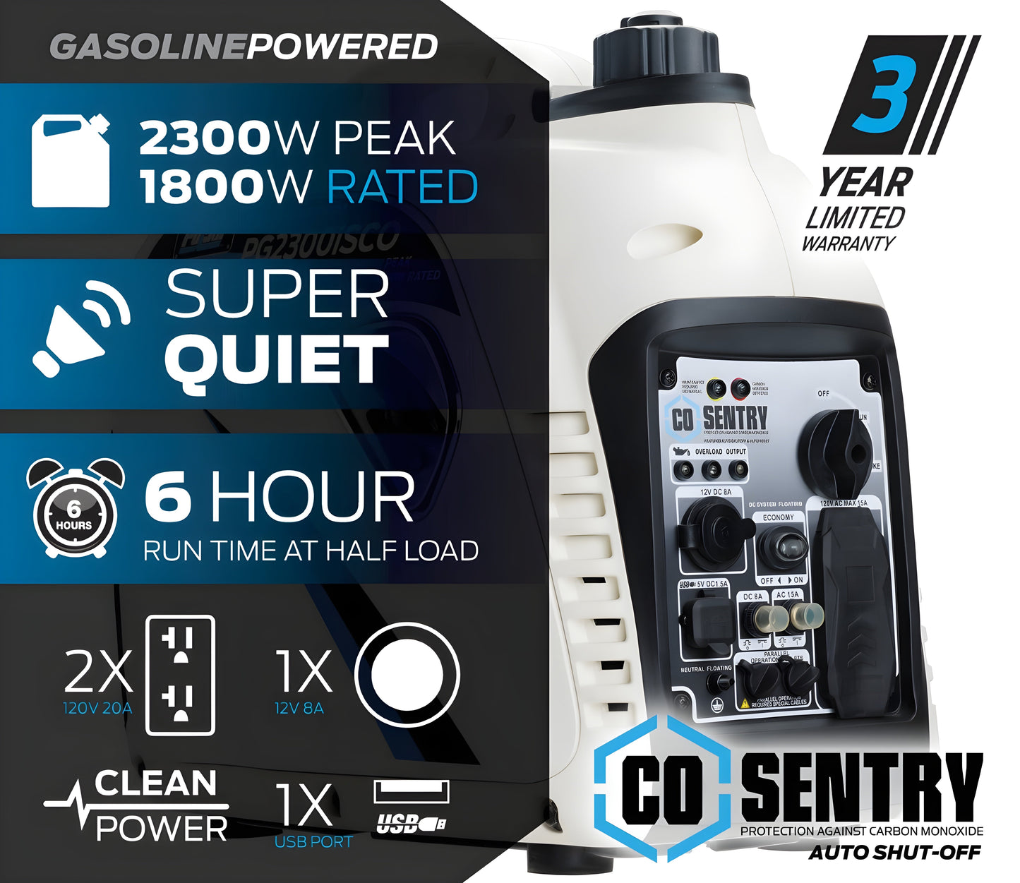 Pulsar PG2300ISCO 2,300-Watt Quiet Gasoline Powered Inverter Generator with CO Shutdown Sensor - PowerGen USA - PG2300ISCO