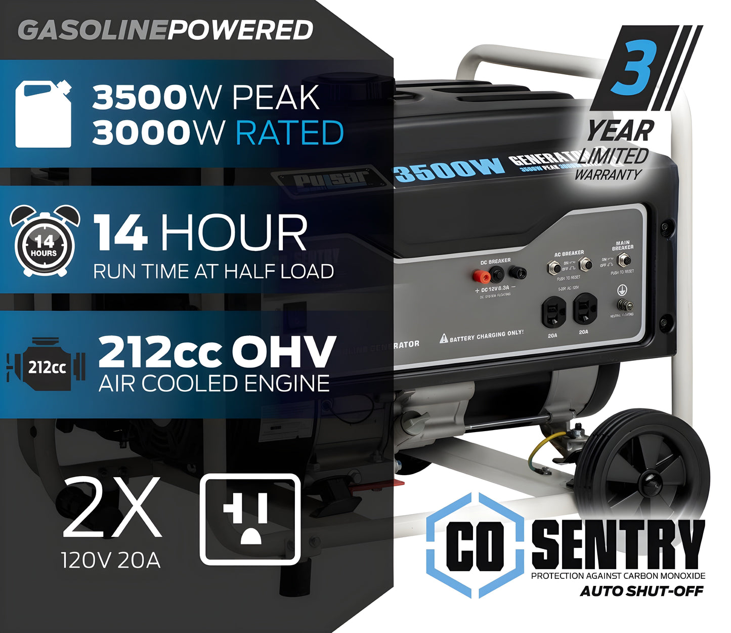 Pulsar PG3500MRCO 3,500-Watt Gasoline Powered Generator with CO Shutdown Sensor and Mobility Kit - PowerGen USA - PG3500MRCO