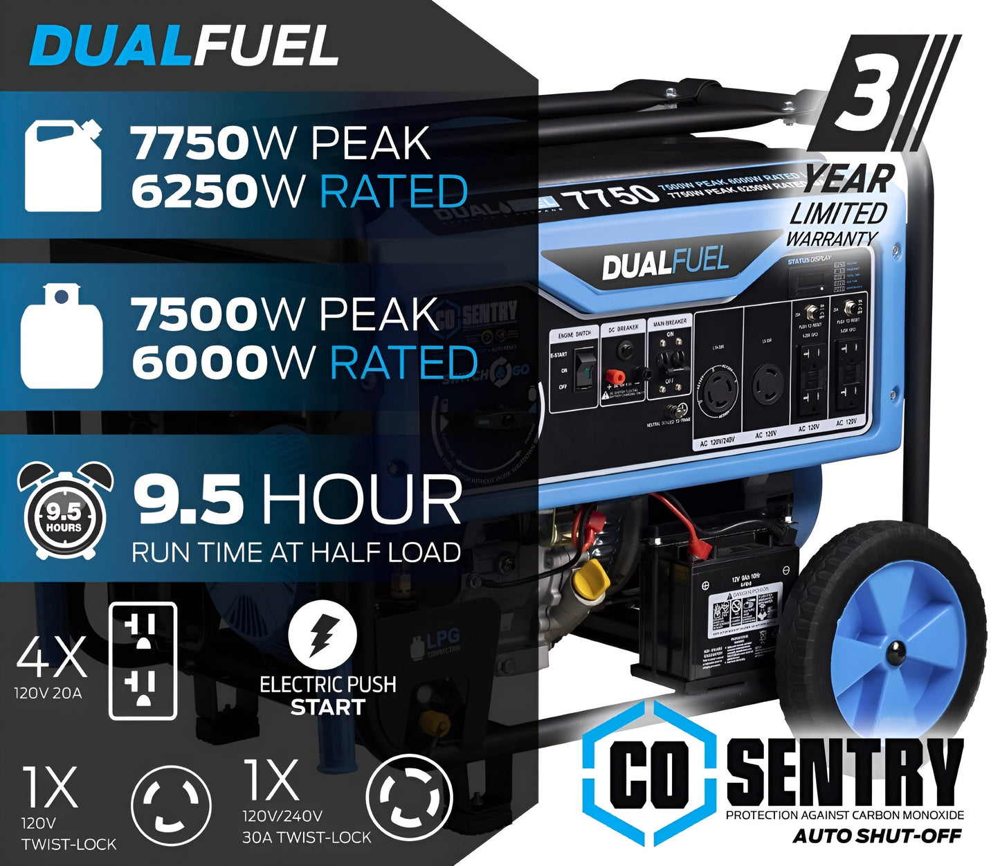 Pulsar PG7750BCO 7,750-Watt Dual-Fuel Generator with CO Alert - PowerGen USA - PG7750BCO