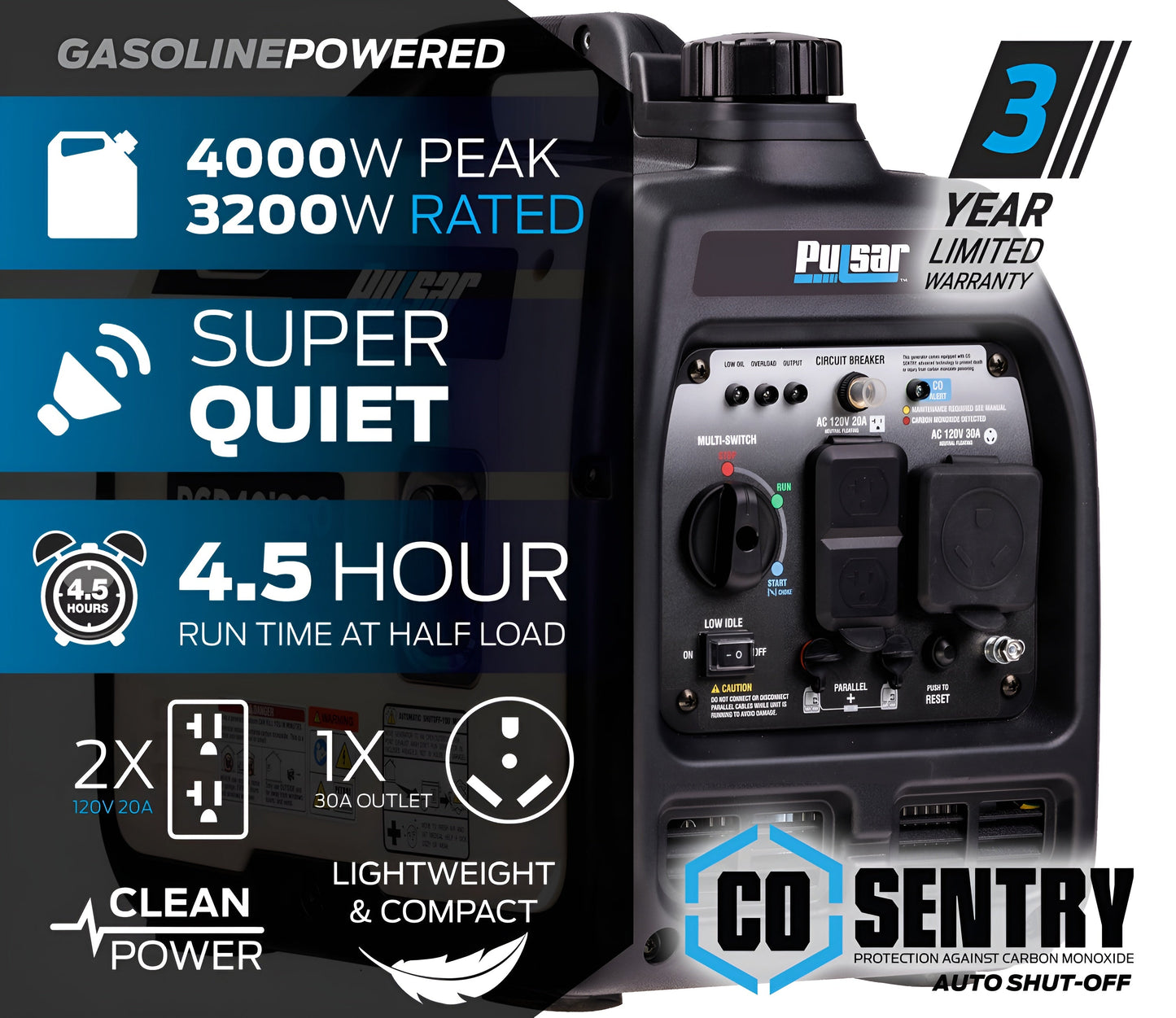 Pulsar PGD40ISCO 4000W Super Quiet Inverter Gasoline Powered Generator with Recoil Start and CO Shutdown - PowerGen USA - PGD40iSCO