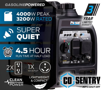 Pulsar PGD40ISCO 4000W Super Quiet Inverter Gasoline Powered Generator with Recoil Start and CO Shutdown - PowerGen USA - PGD40iSCO
