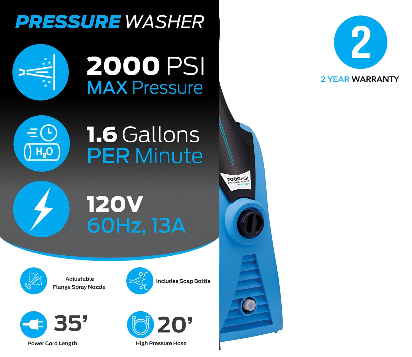 Pulsar PWE2001V 2,000 PSI 1.6 GPM Electric Pressure Washer with Soap Bottle - PowerGen USA - PWE2001V