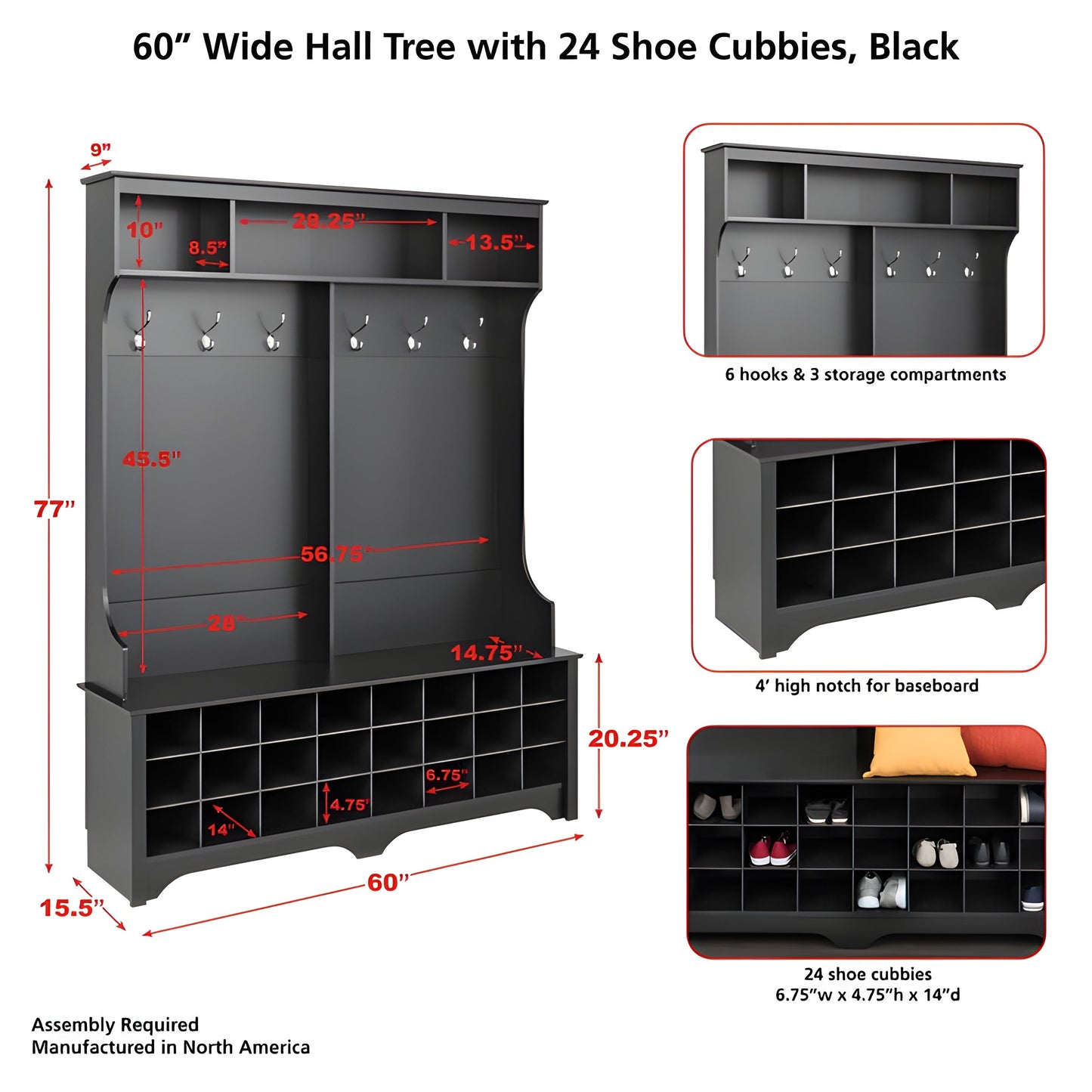 Prepac 60" Wide Hall Tree with 24 Shoe Cubbies - Available in 4 Colors - DSOG-0013-1