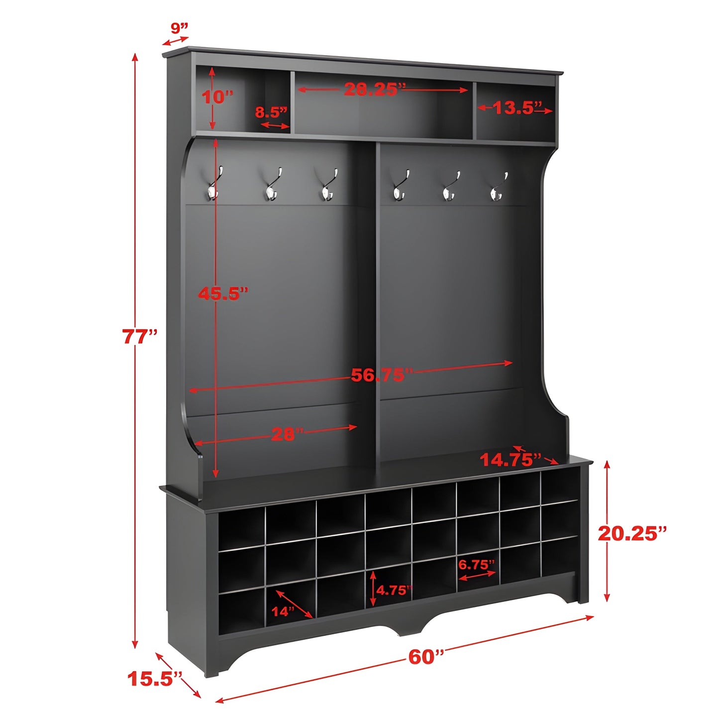 Prepac 60" Wide Hall Tree with 24 Shoe Cubbies - Available in 4 Colors - DSOG-0013-1