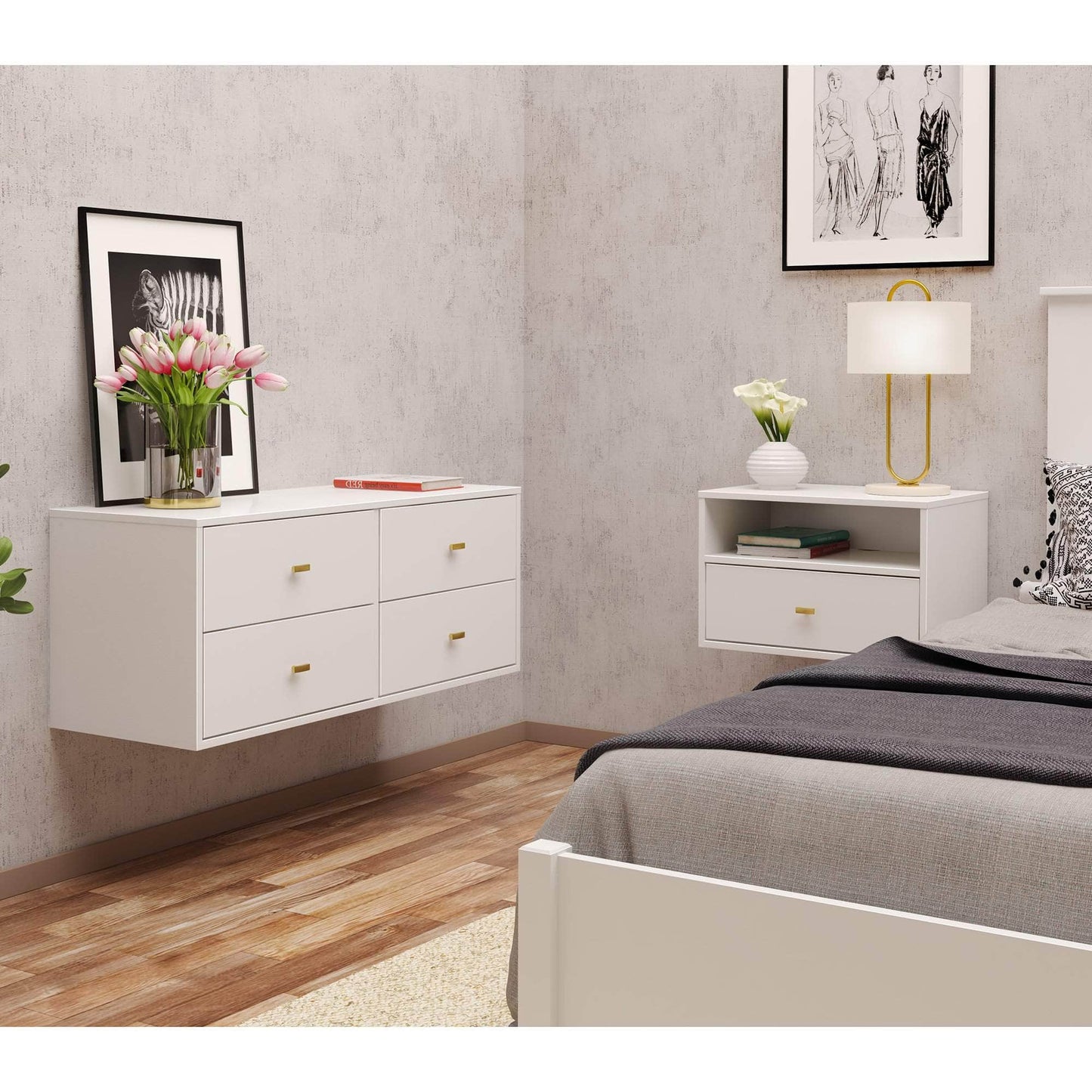 Prepac Floating 4 Drawer Dresser and 1 Drawer Nightstand Set in White - WRBW-1401-2M