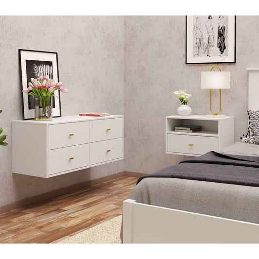 Prepac Floating 4 Drawer Dresser and 1 Drawer Nightstand Set in White - WRBW-1401-2M