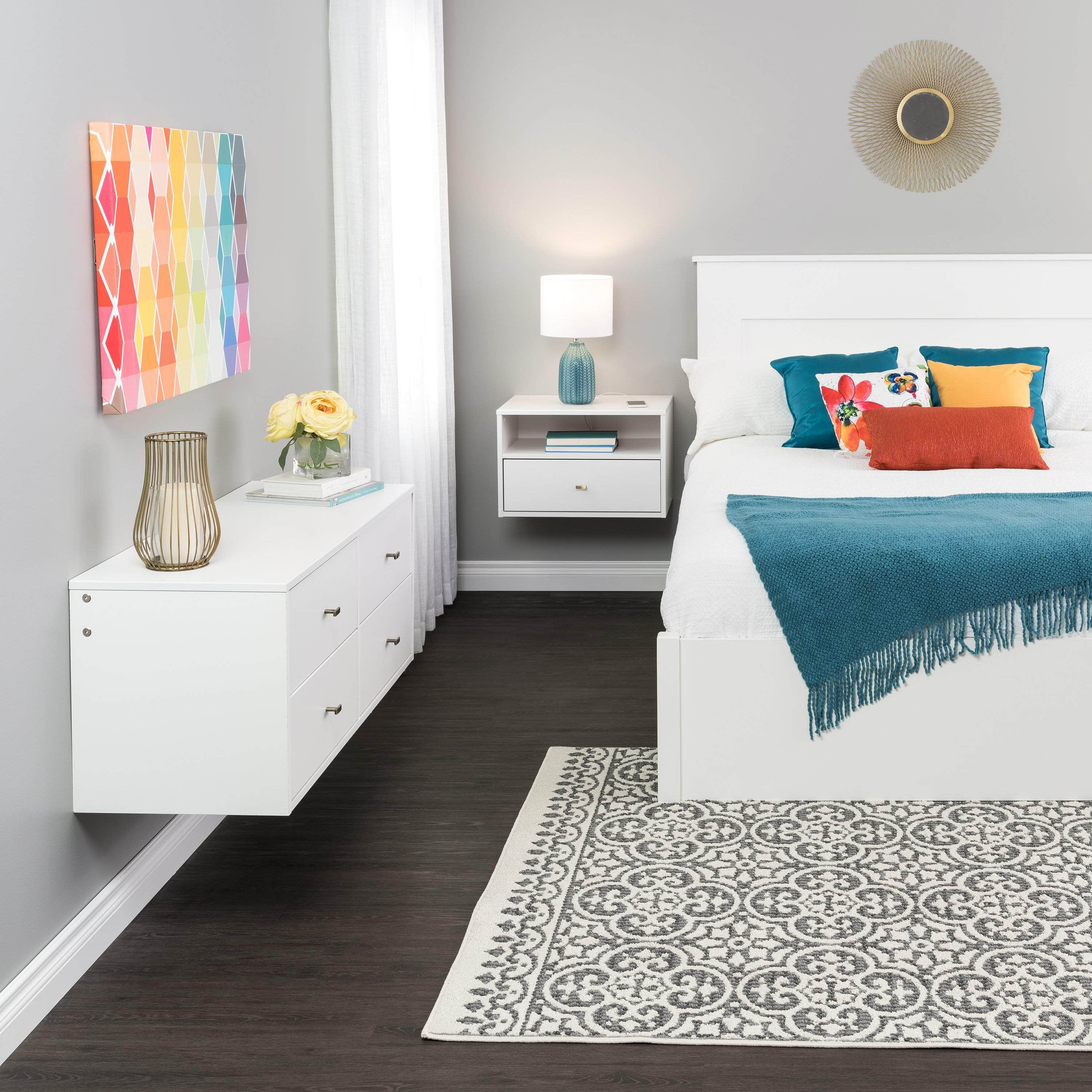 Prepac Floating 4 Drawer Dresser and 1 Drawer Nightstand Set in White - WRBW-1401-2M