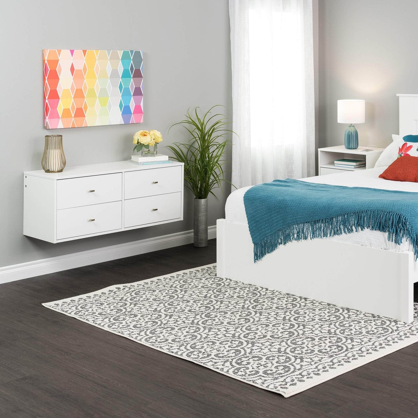 Prepac Floating 4 Drawer Dresser and 1 Drawer Nightstand Set in White - WRBW-1401-2M