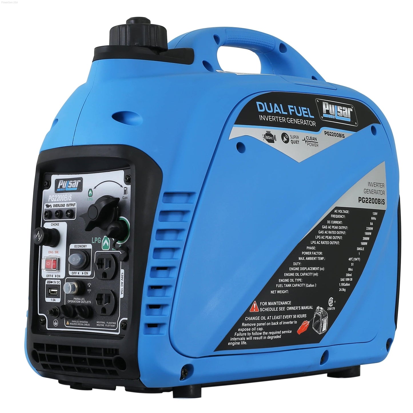 Pulsar PG2200BiS-DUAL-Fuel Inverter 2200W Generator RATED 1800W, Carb Approved - PowerGen USA - PG2200BiS